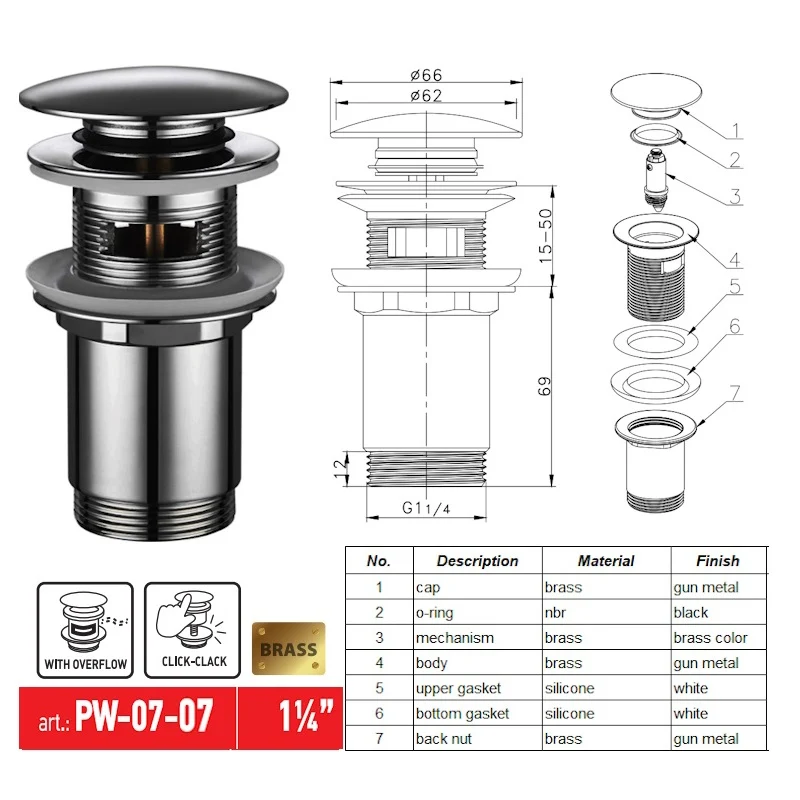 Донний клапан автоматичний CLICK-CLACK 1 1/4" графіт металевий для раковини