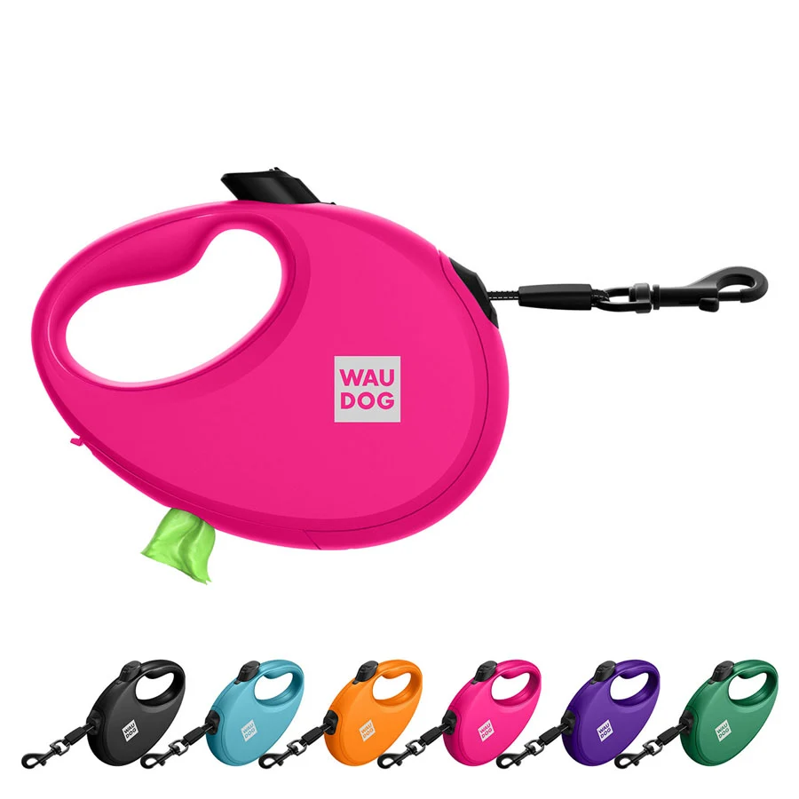 Повідець-рулетка WAUDOG R-leash S 3 м пластик рожевий до 12 кг з контейнером для пакетів