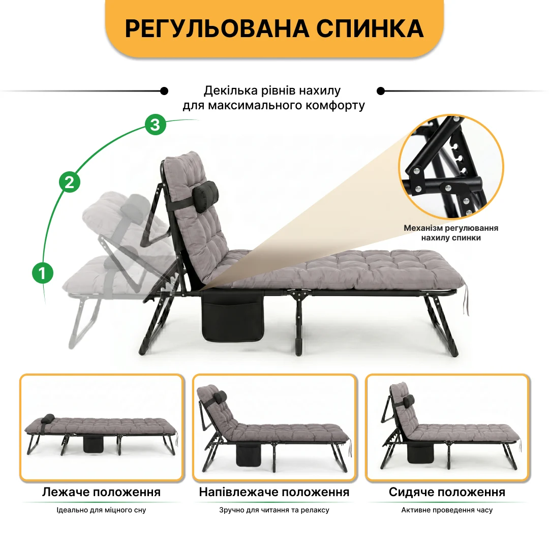 Розкладне ліжко з матрацом і подушкою 190х80 см метал сірий LEOBRO Grey