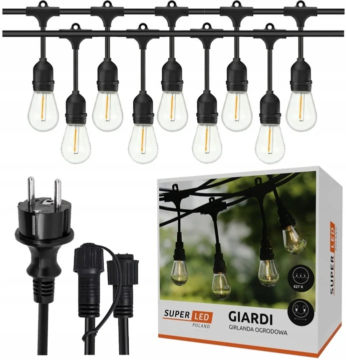 Садова гірлянда 10 м з 10 LED-лампами E27 теплого білого світла IP44 чорна