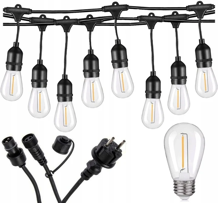 Садова гірлянда 10 м з 10 LED-лампами E27 теплого білого світла IP44 чорна