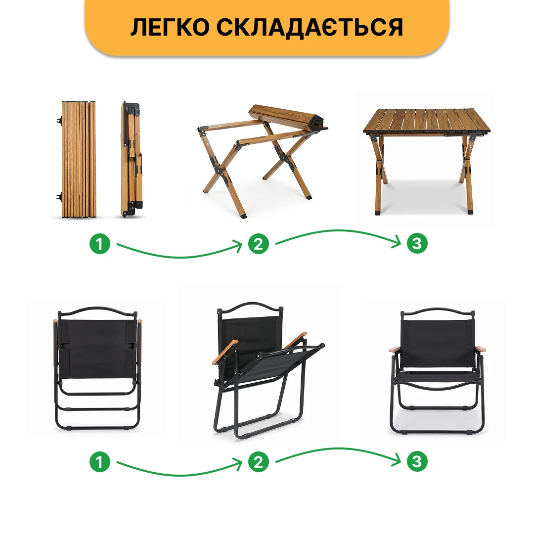 Набір складних меблів стіл + 2 крісла 80x50x50 см алюміній/тканина чорний
