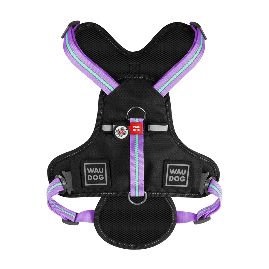 Шлея для собак WAUDOG Nylon XL 25 мм 60-95 см фіолетова з QR паспортом