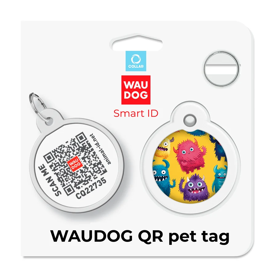 Адресник WAUDOG Smart ID з QR паспортом металевий Д 30 мм Мохнаті монстри