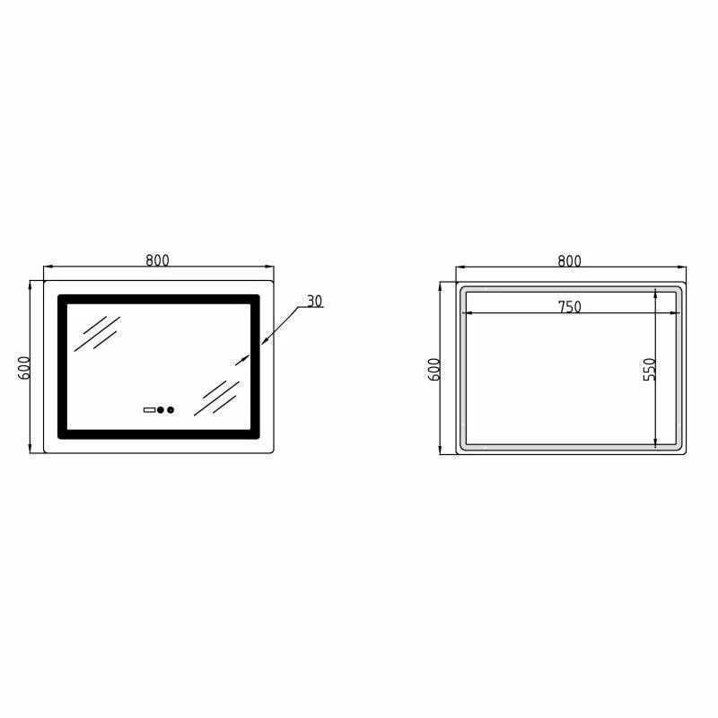 Дзеркало Lidz Kubis KU2 800х600 з годинником LED-підсвічуванням антизапотіванням скло