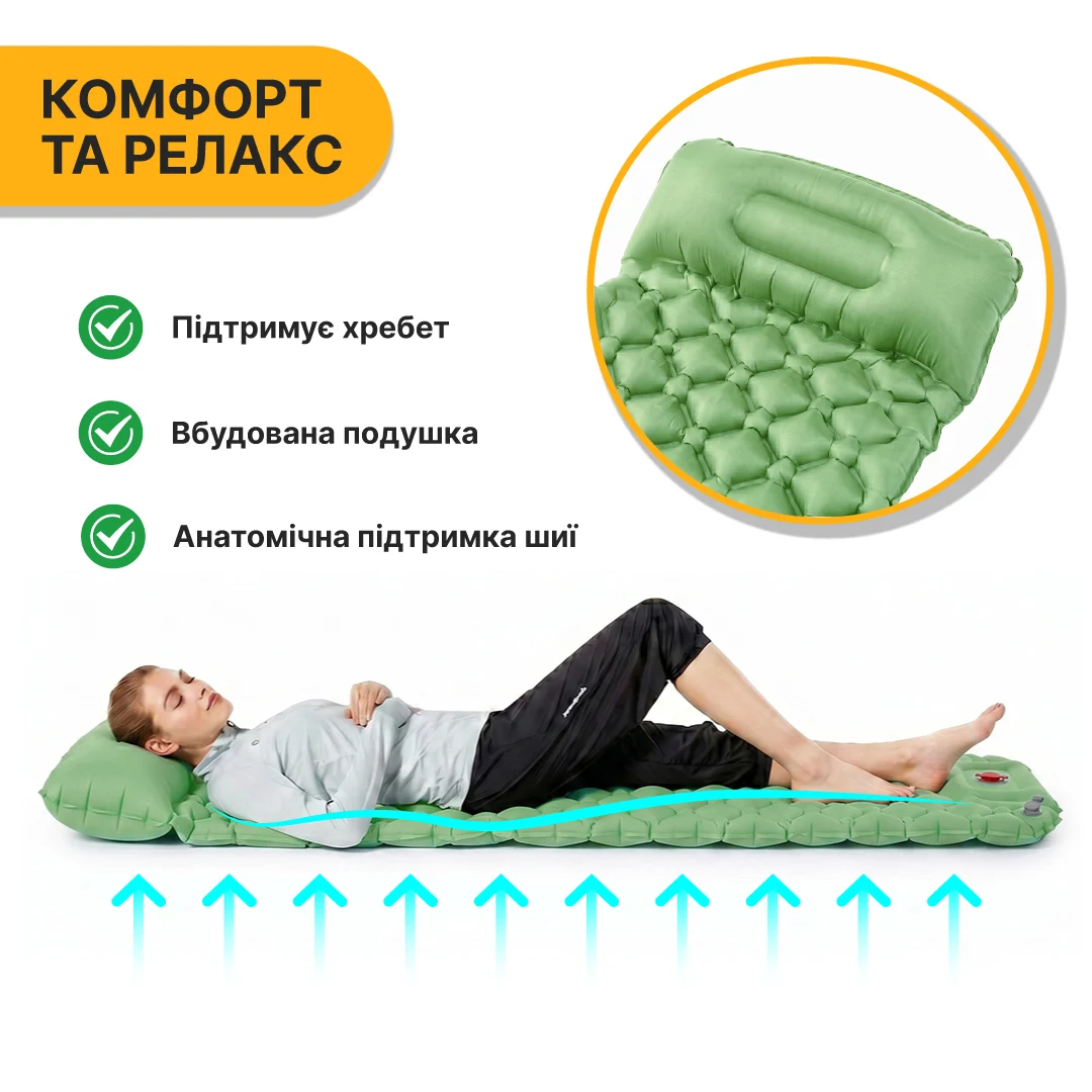 Надувний туристичний матрац LEOBRO Air Mat 190x60x5 см 40D нейлон TPU зелений
