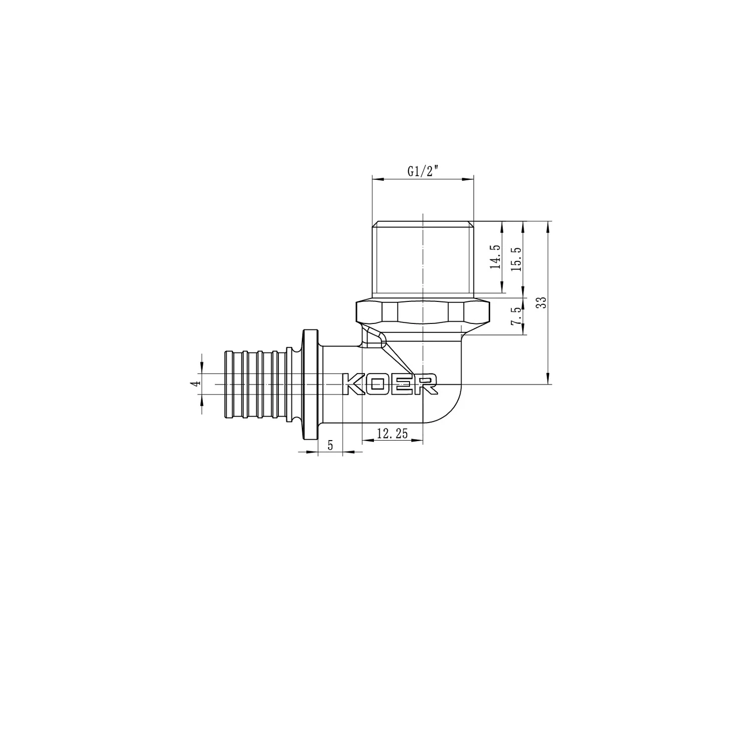 Кутник перехідний Koer KA.L06M-16 16(2.2mm) x 1/2" латунь