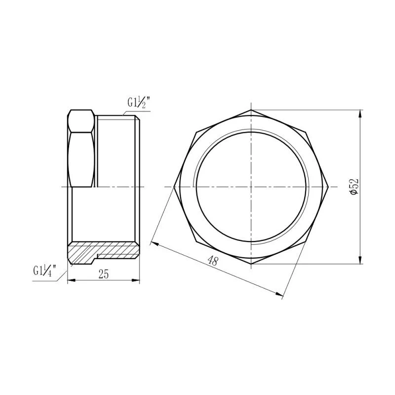 Футорка 1 1/2"x1 1/4" внутрішня-зовнішня різьба латунь з нікельованим покриттям