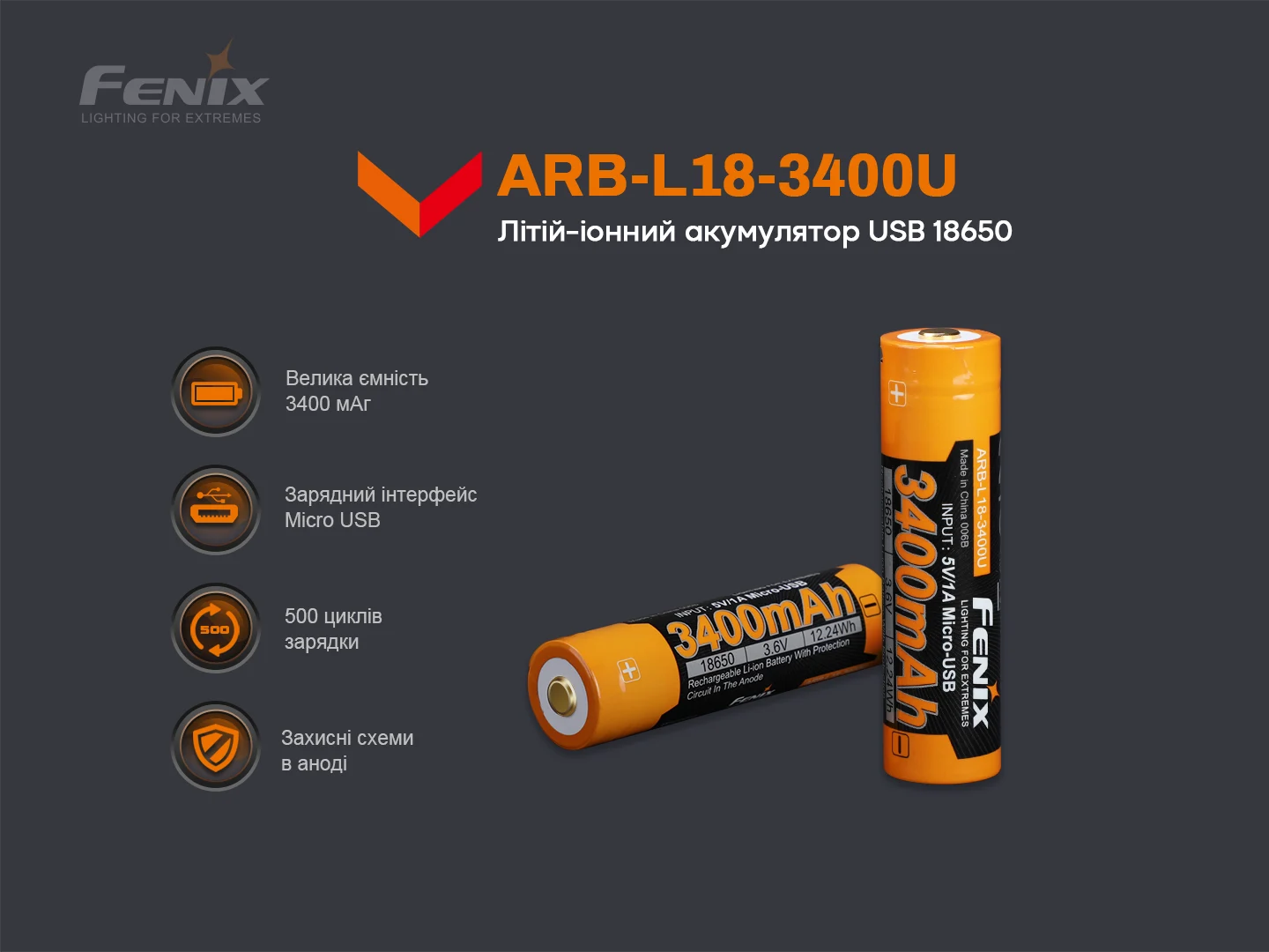 Акумулятор 18650 Fenix ARB-L18-3400U 3400 мА·год ударостійка сталь 70х18,6 мм