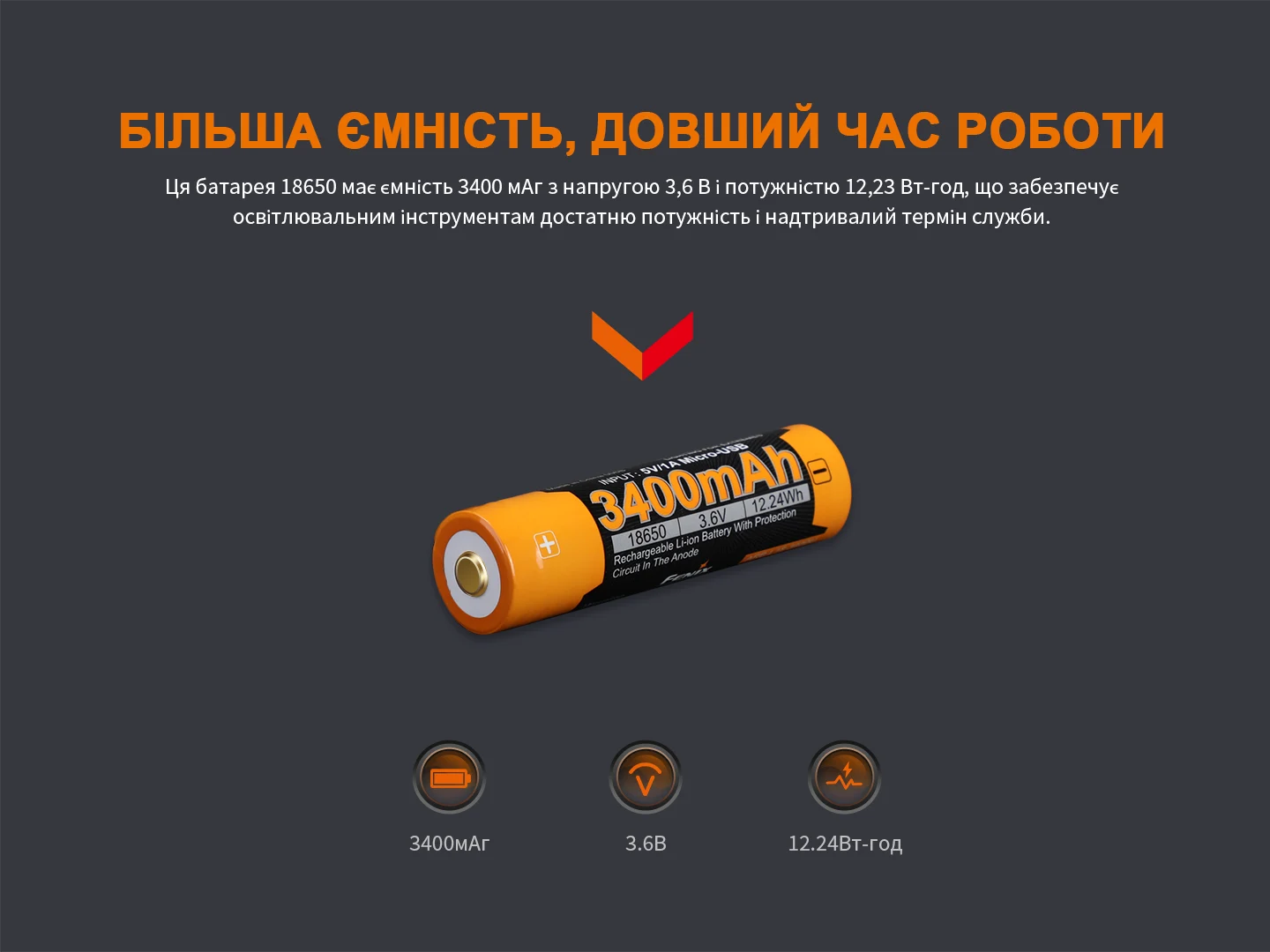 Акумулятор 18650 Fenix ARB-L18-3400U 3400 мА·год ударостійка сталь 70х18,6 мм