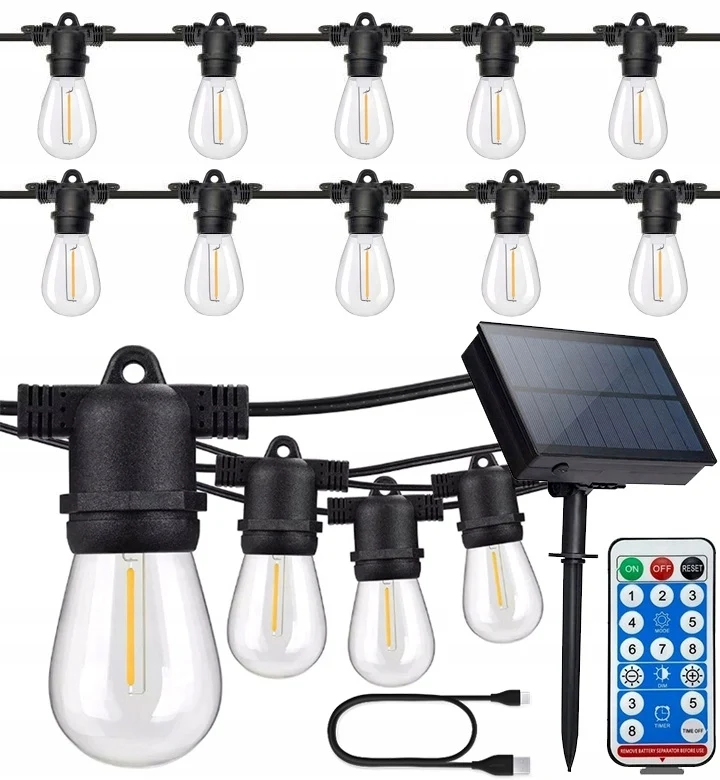 Сонячна гірлянда 15 м з 15 LED-лампочками E27 тепле біле світло IP44 з пультом і зарядкою USB