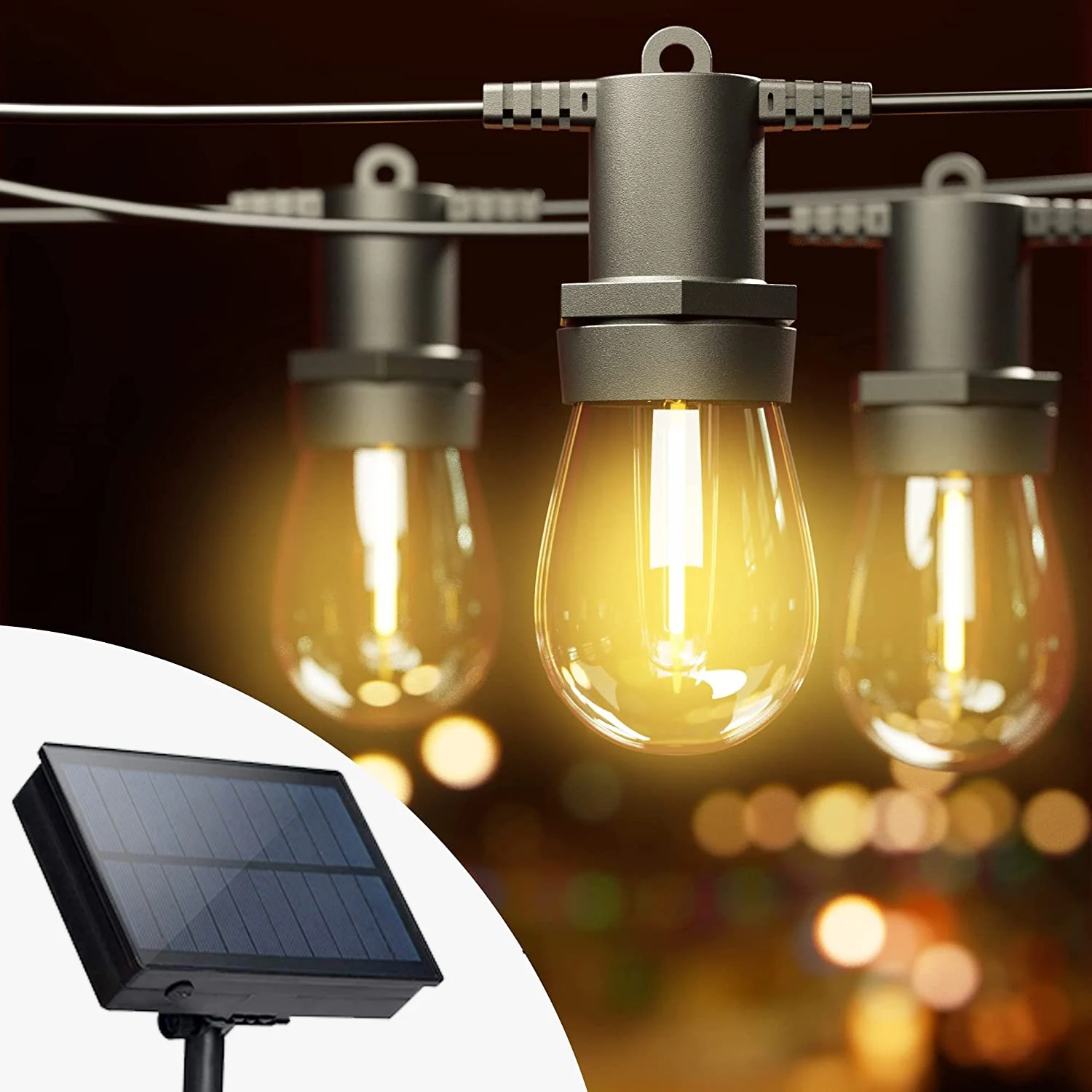 Сонячна гірлянда 15 м з 15 LED-лампочками E27 тепле біле світло IP44 з пультом і зарядкою USB