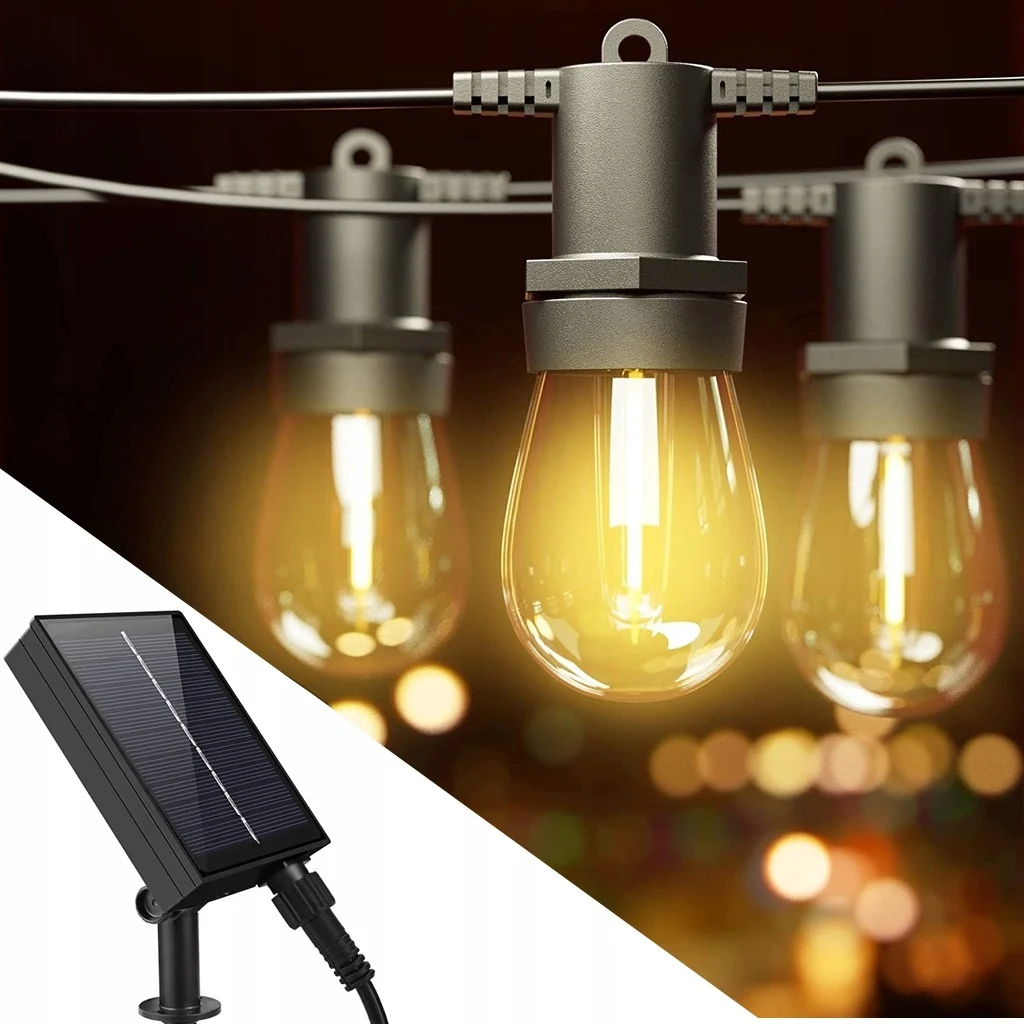 Сонячна гірлянда 15 м з 15 LED-лампочками E27 тепле біле світло IP44 з пультом і зарядкою USB