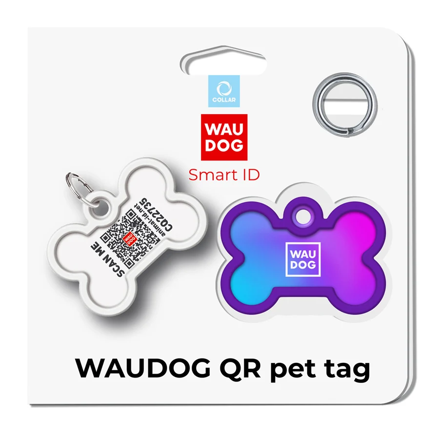 Адресник металевий WAUDOG Smart ID з QR паспортом 40x28 мм градієнт фіолетовий