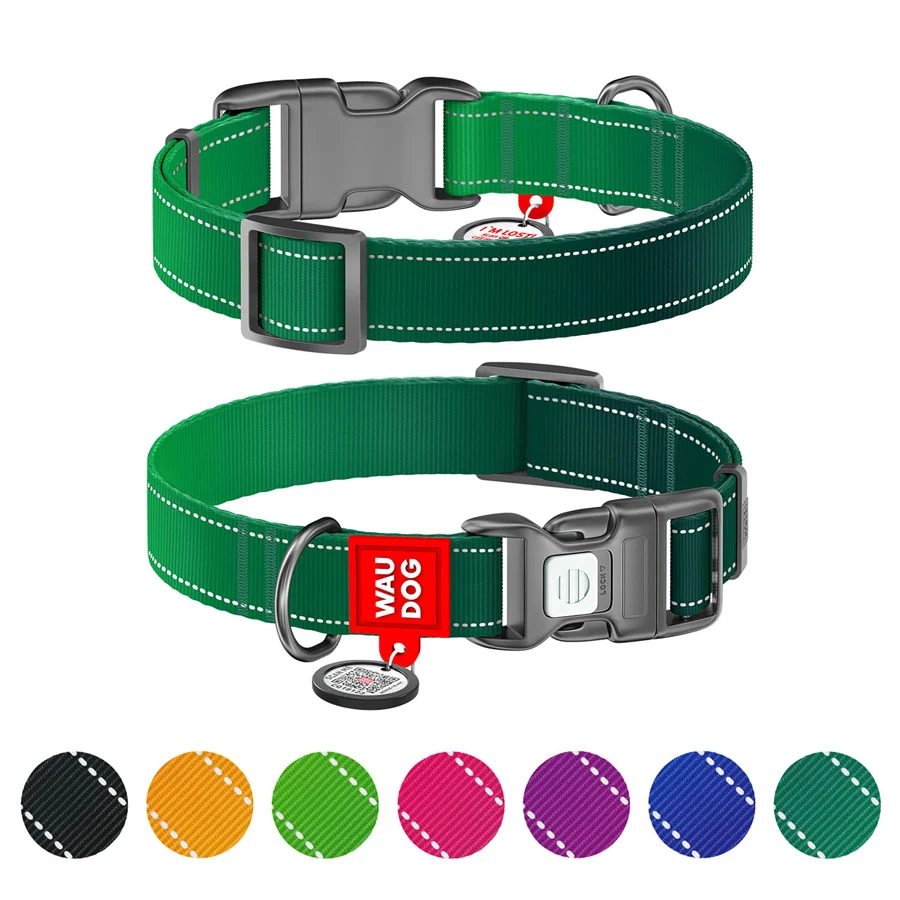 Нашийник WAUDOG Nylon Mono S 15 мм зелений нейлон з QR паспортом світловідбивний 25-35 см