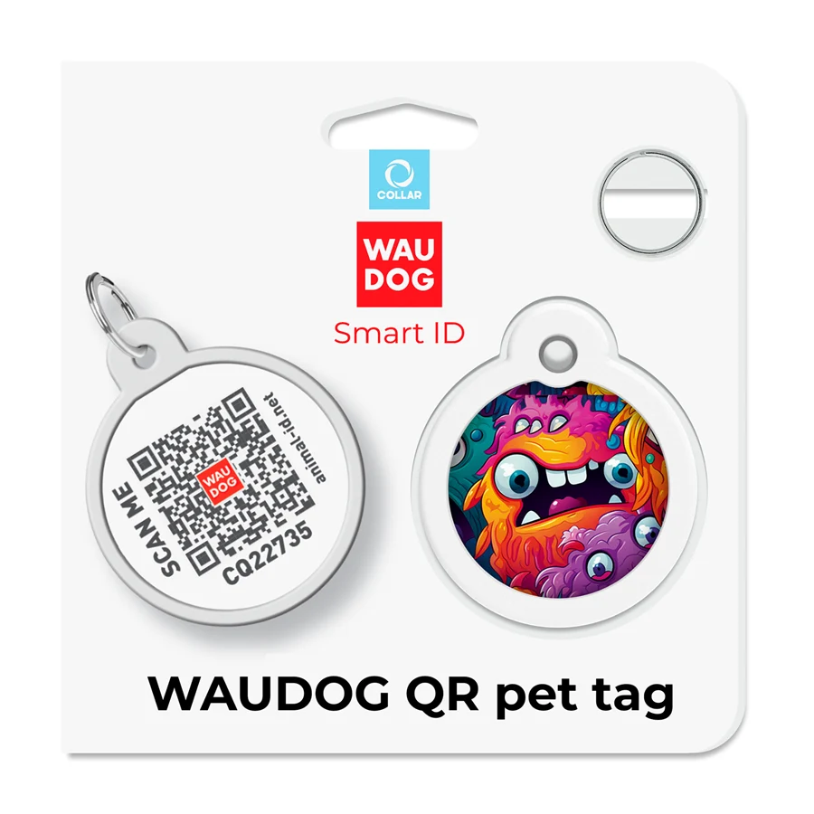Адресник WAUDOG Smart ID з QR паспортом металевий Д 30 мм коло Зубасті монстри