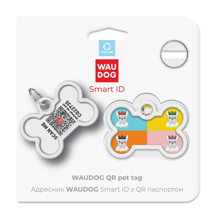 Адресник для собак і котів WAUDOG Smart ID QR паспорт металевий 40x28 мм кістка Французький бульдог