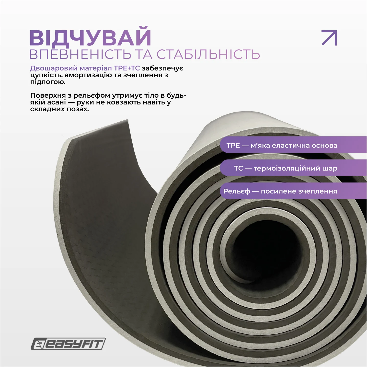 Килимок для йоги EasyFit Polarity stone 183x61 см TPE+TC фіолетово-чорний 6 мм