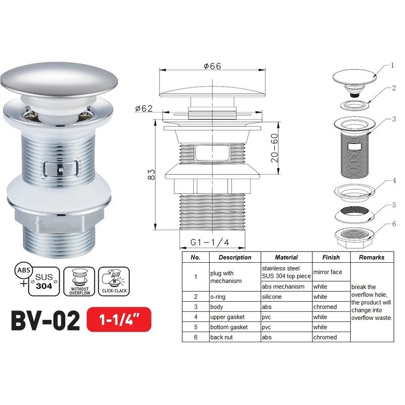 Донний клапан Zerix BV-02 1 1/4'' автоматичний click-clack метал хром