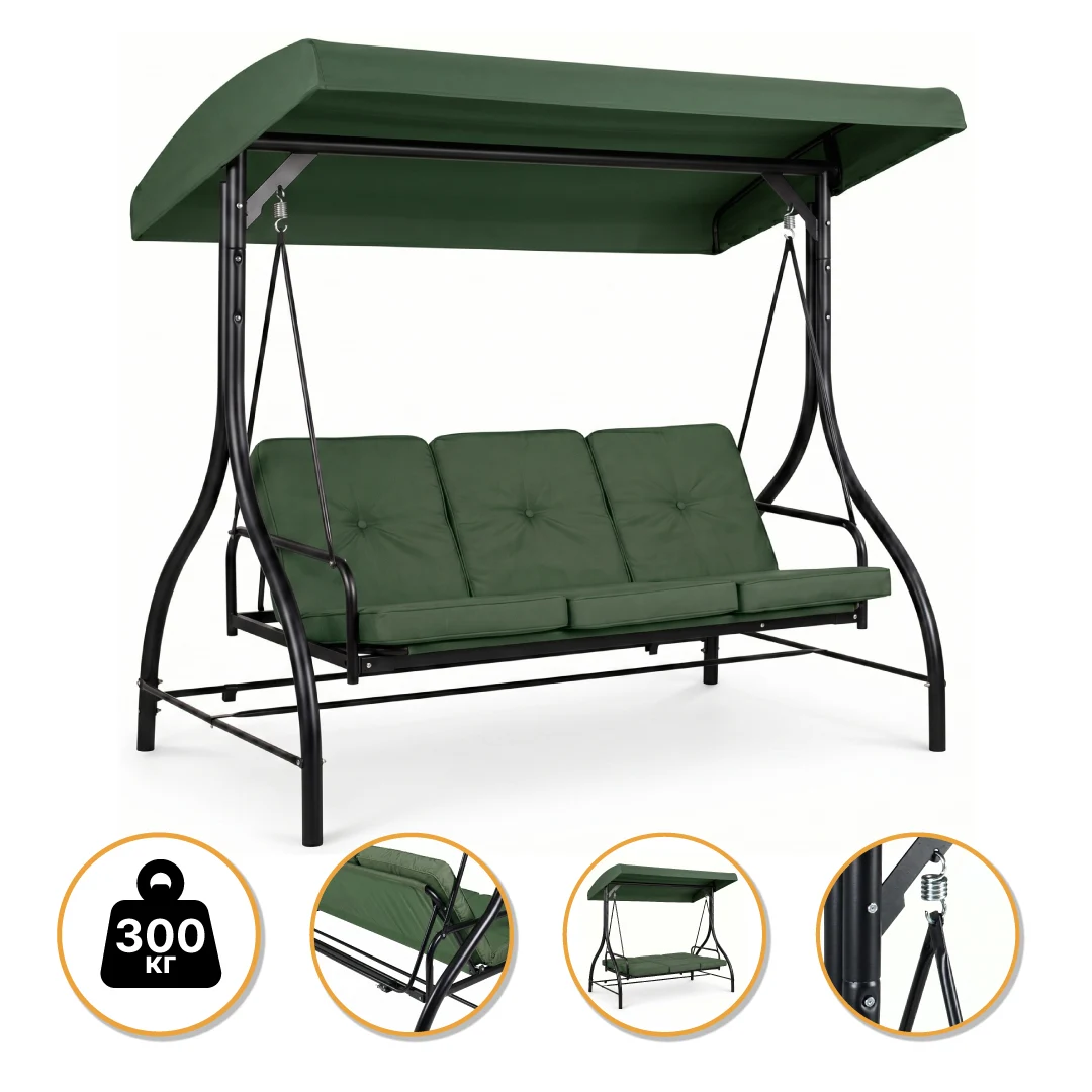 Садова гойдалка LEOBRO Luxury Pro 3-місна 194х120х174 см ПВХ Oxford зелена