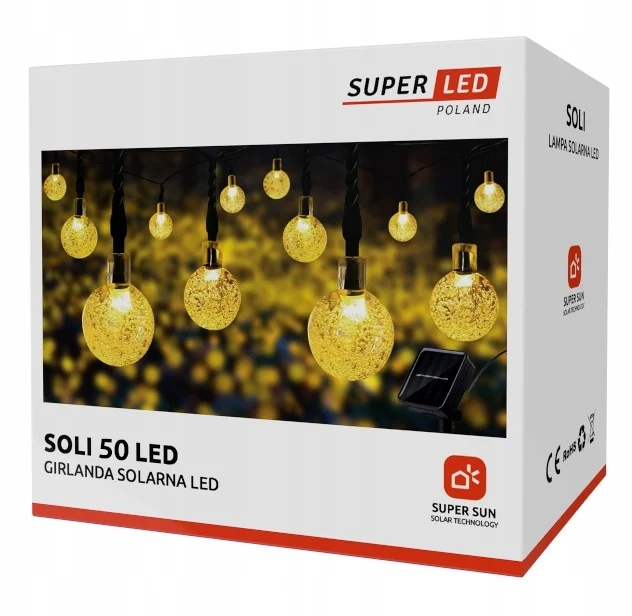 Сонячна гірлянда 50 LED-кульок SuperLED Soli 9,5 м тепле біле IP44
