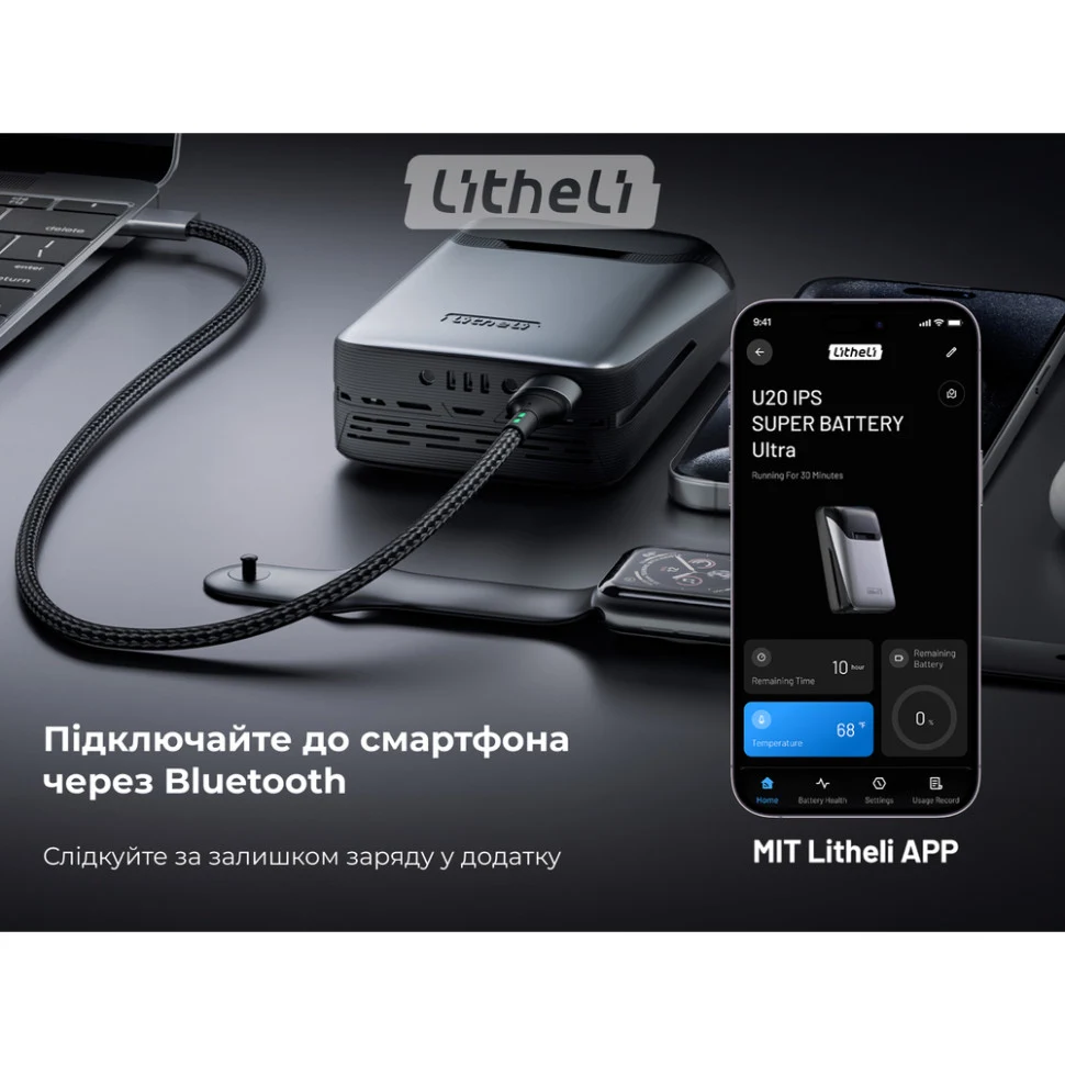 Павербанк Litheli U20BY04B 20000 мА·год 45 Вт USB-C ABS 127,5х81,9х39,5 мм чорний