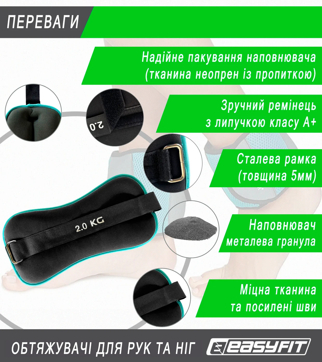Утяжелители 2 кг EasyFit Comfort неопрен 33х16 см блакитні