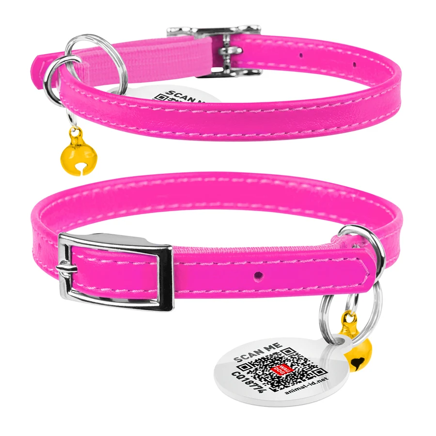 Нашийник WAUCAT Glamour шкіряний XXS 9 мм 17-20 см рожевий з QR паспортом