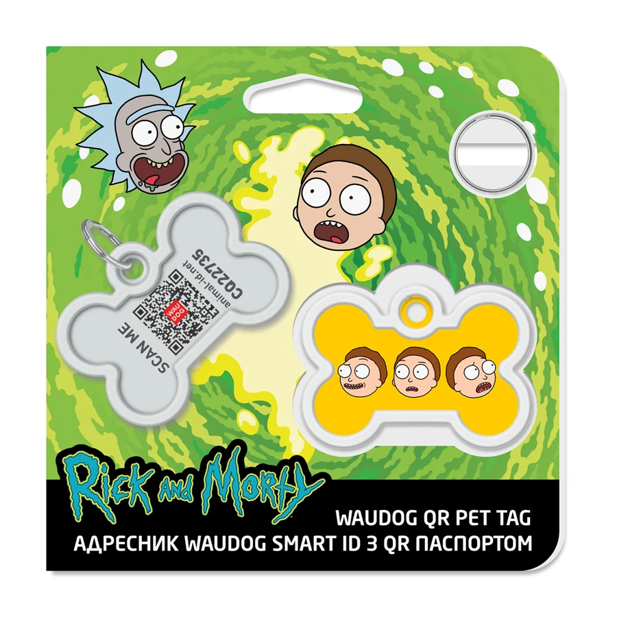 Адресник металевий WAUDOG Smart ID з QR паспортом кісточка 40х28 мм малюнок Рік та Морті 2