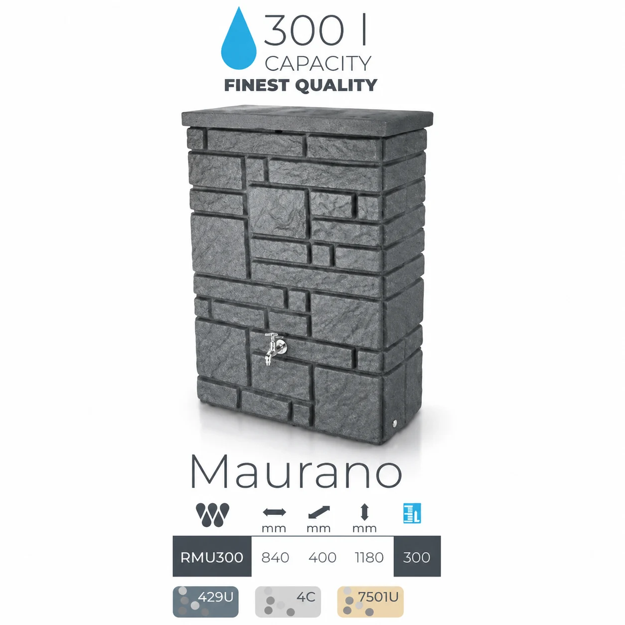 Резервуар для дощової води 300 л пластик світло-сірий 840x400x1180 мм